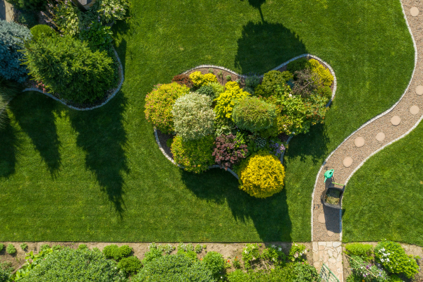 An arial view of a landscaper working.